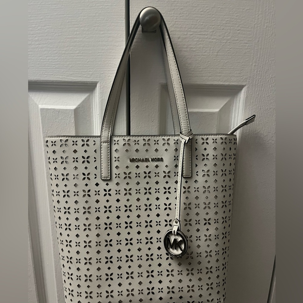 Michael Kors White MK Cutout Tote with Silver Detail